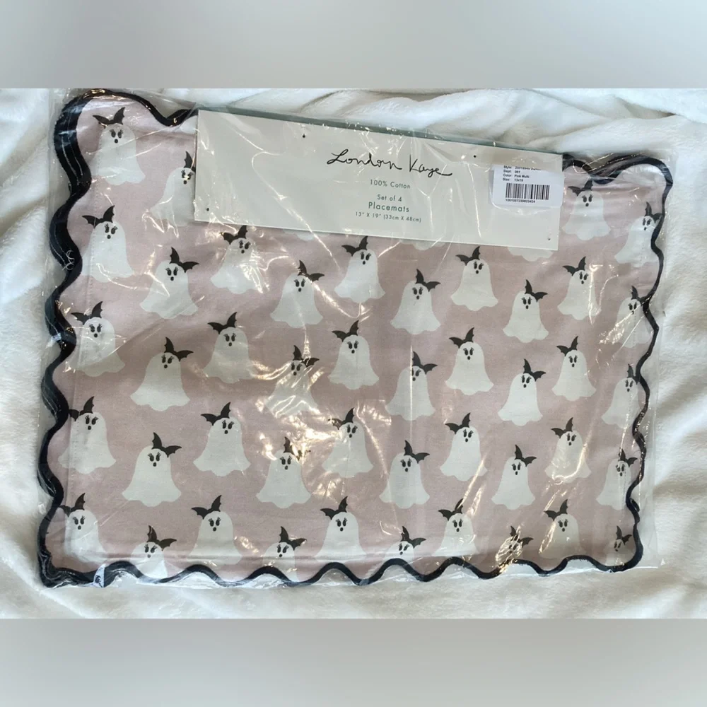 👻Halloween Placemats Set of 4 London Kaye Cotton 13x9 Spooky Holiday Pink Ghost